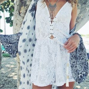 LF white lace lace up tassel romper